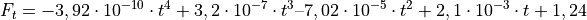 F_t = -3,92\cdot10^{-10} \cdot t^4 + 3,2\cdot10^{-7} \cdot t^3– 7,02\cdot10^{-5}\cdot t^2 + 2,1\cdot10^{-3}\cdot t + 1,24